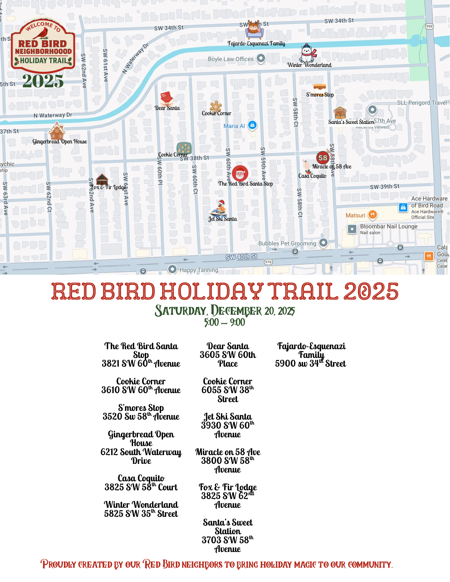 Red Bird Holiday Trail 2025 Map with participating house addresses