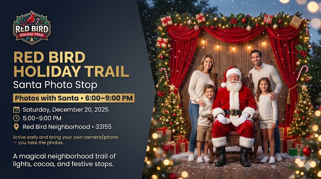 Red Bird Holiday Trail — Santa Photo Stop flyer with time and location details